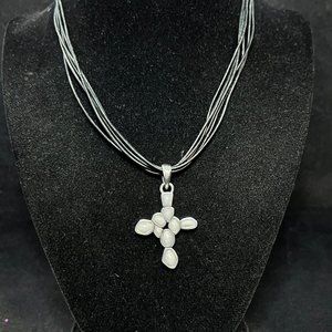 Barse 6 Strand Corded Necklace W/Sterling Silver & Quartz Cross Pendant (3698)